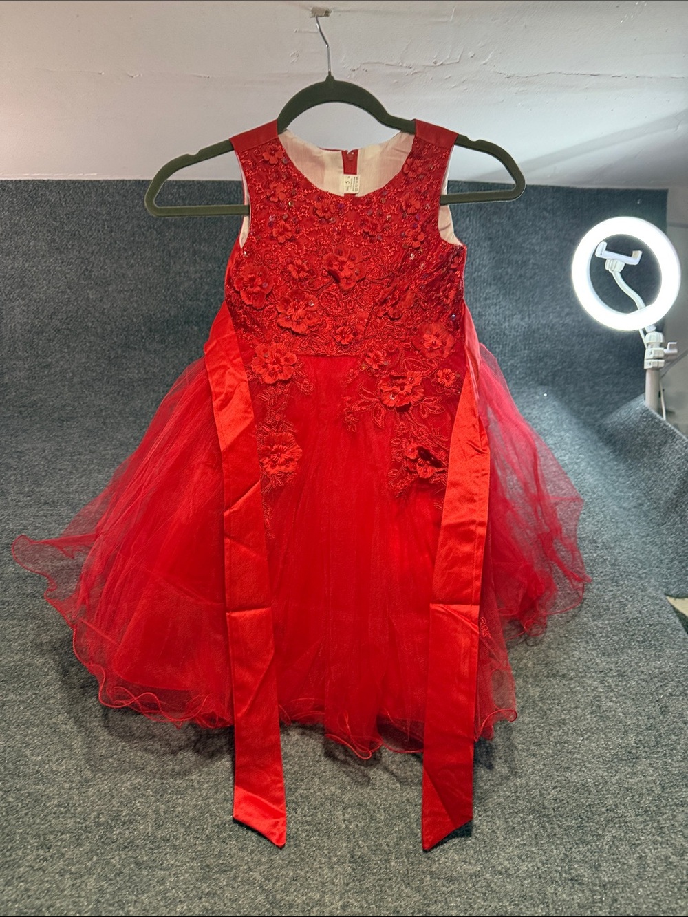 Girls Red Floral Tulle Party Dress